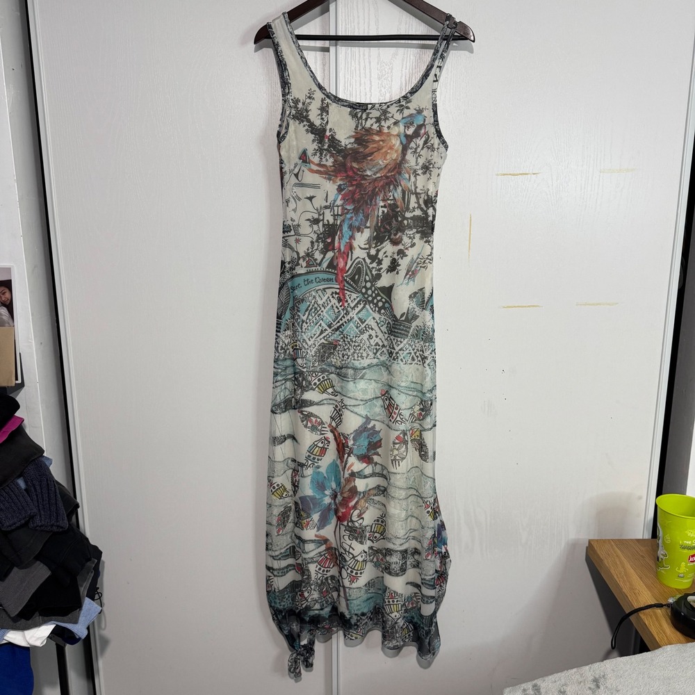 Vintage RARE Save the Queen! Mesh Parrot Graphic Maxi Dress Made in Italy L
